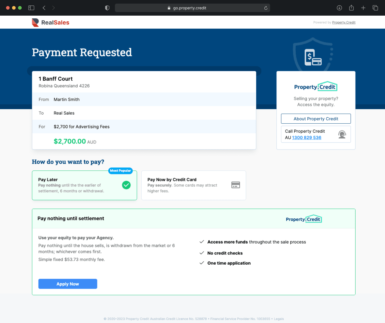 Payment request page for real estate clients